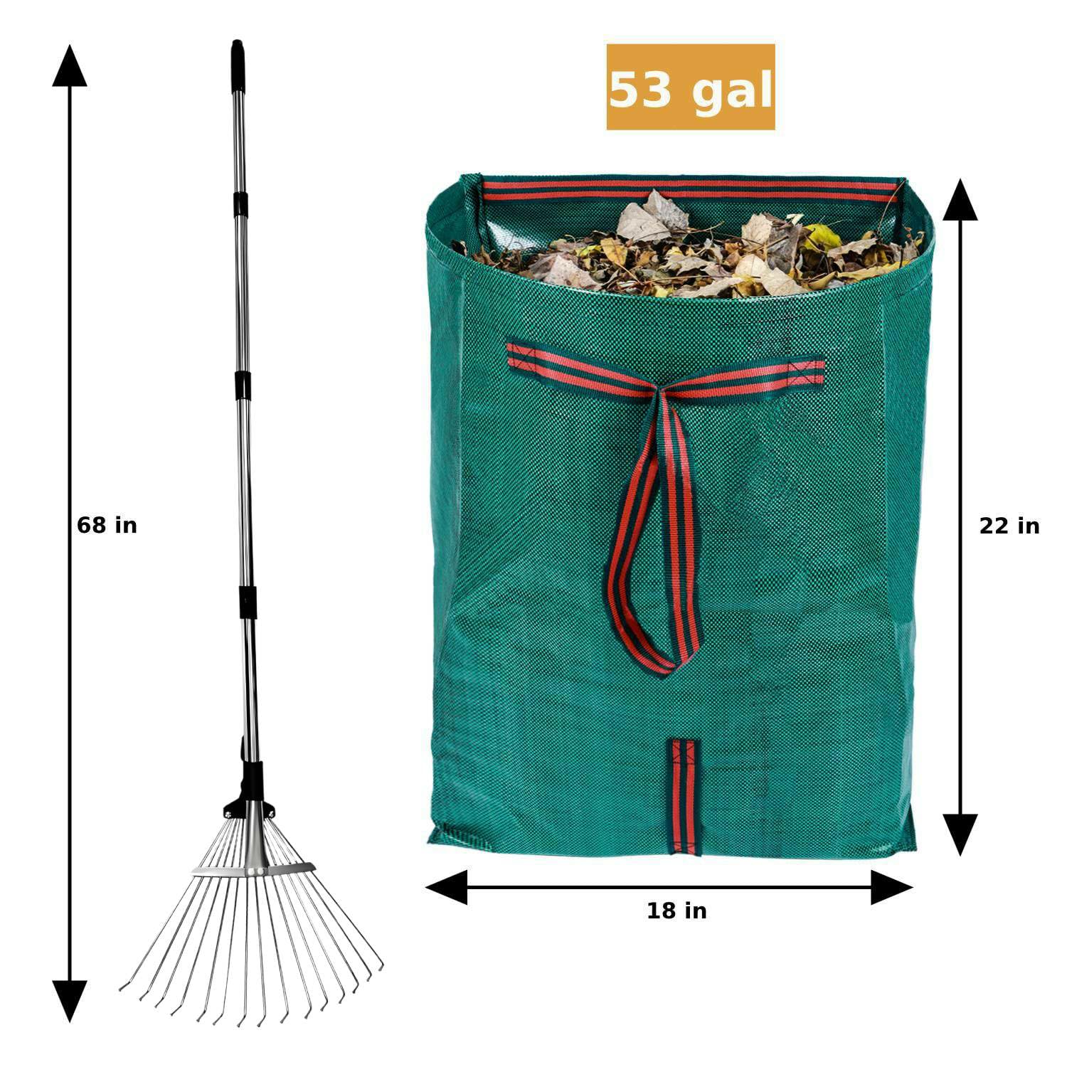 RISETEX rake with 53 gallon bags for quick yard cleanup