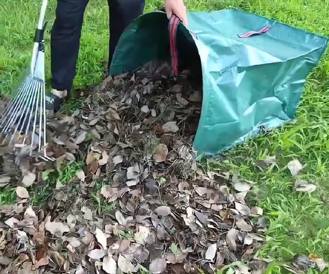 RISETEX dustpan-style bag speeds up debris collection in yards.