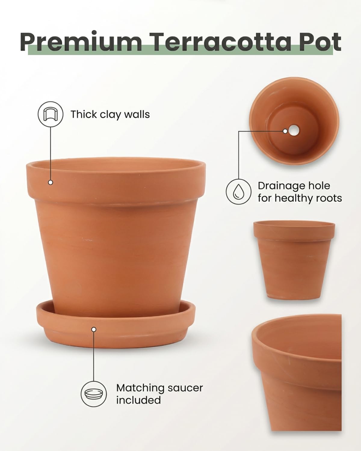 Riseuvo drainage hole detail on terracotta pot for moisture control.