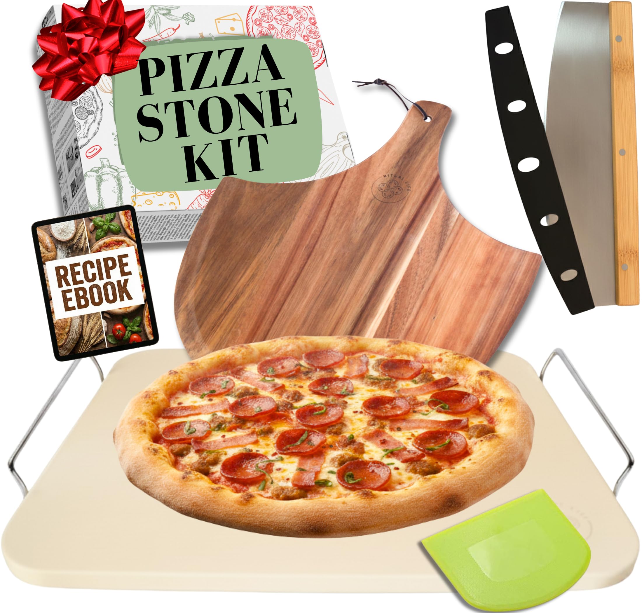 Ritual Life pizza stone 15in with handles heats evenly for a crispy crust.