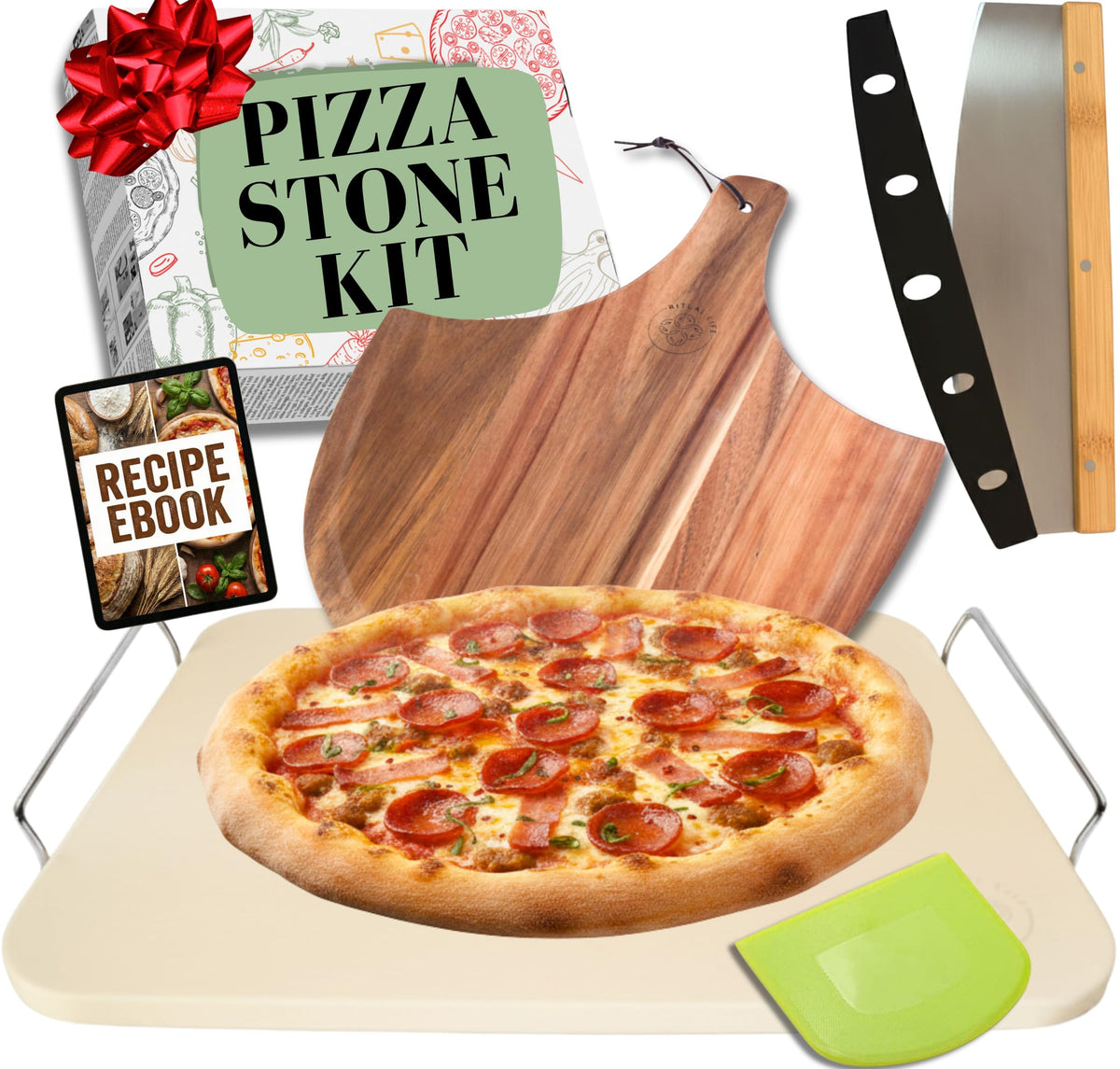 Ritual Life pizza stone 15in with handles heats evenly for a crispy crust.