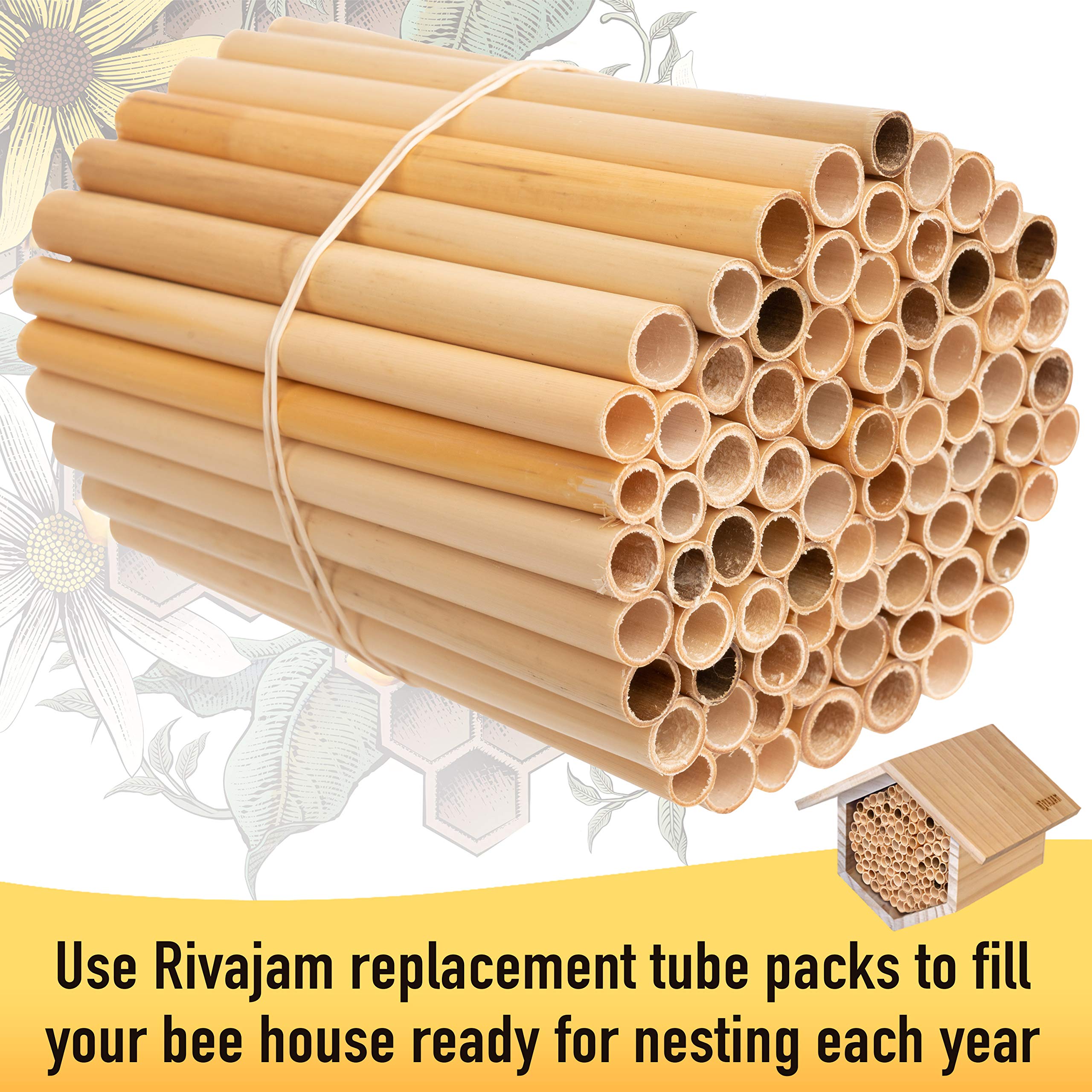 Rivajam tubes showcased in a garden bee habitat setup.