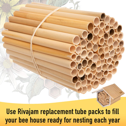 Rivajam tubes showcased in a garden bee habitat setup.