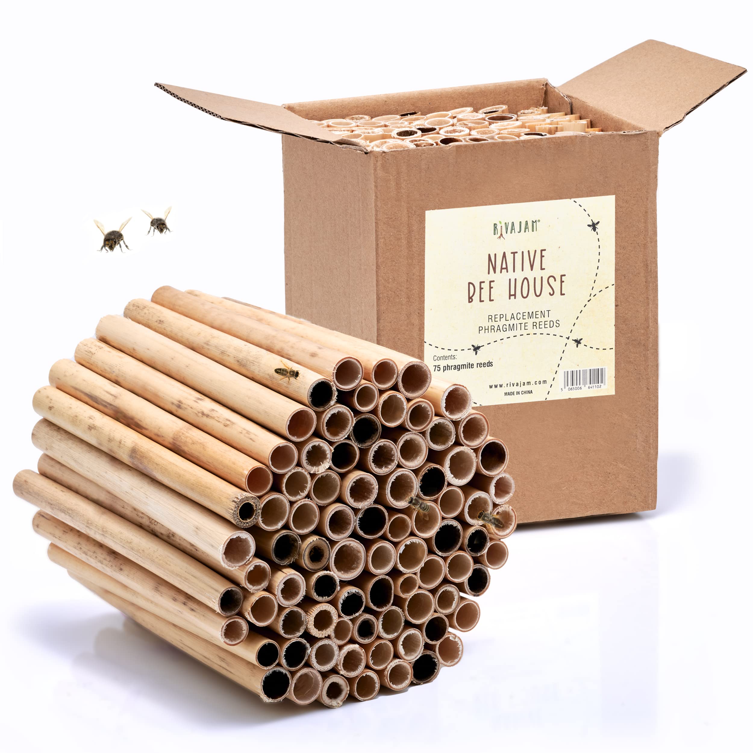 Rivajam 75 Phragmite Reed tubes packaged for garden kits and easy storage