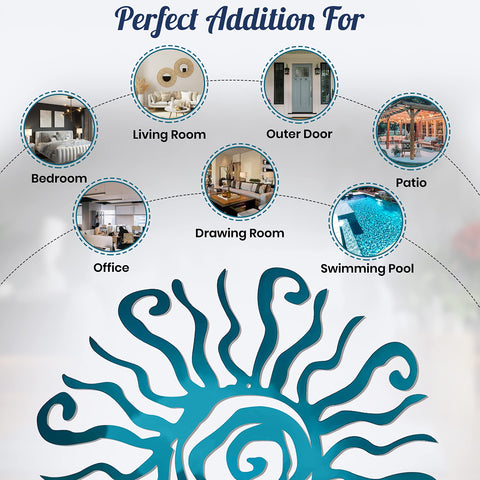 Riverside Designs teal sun wall decor with rust-proof finish for outdoor spaces.