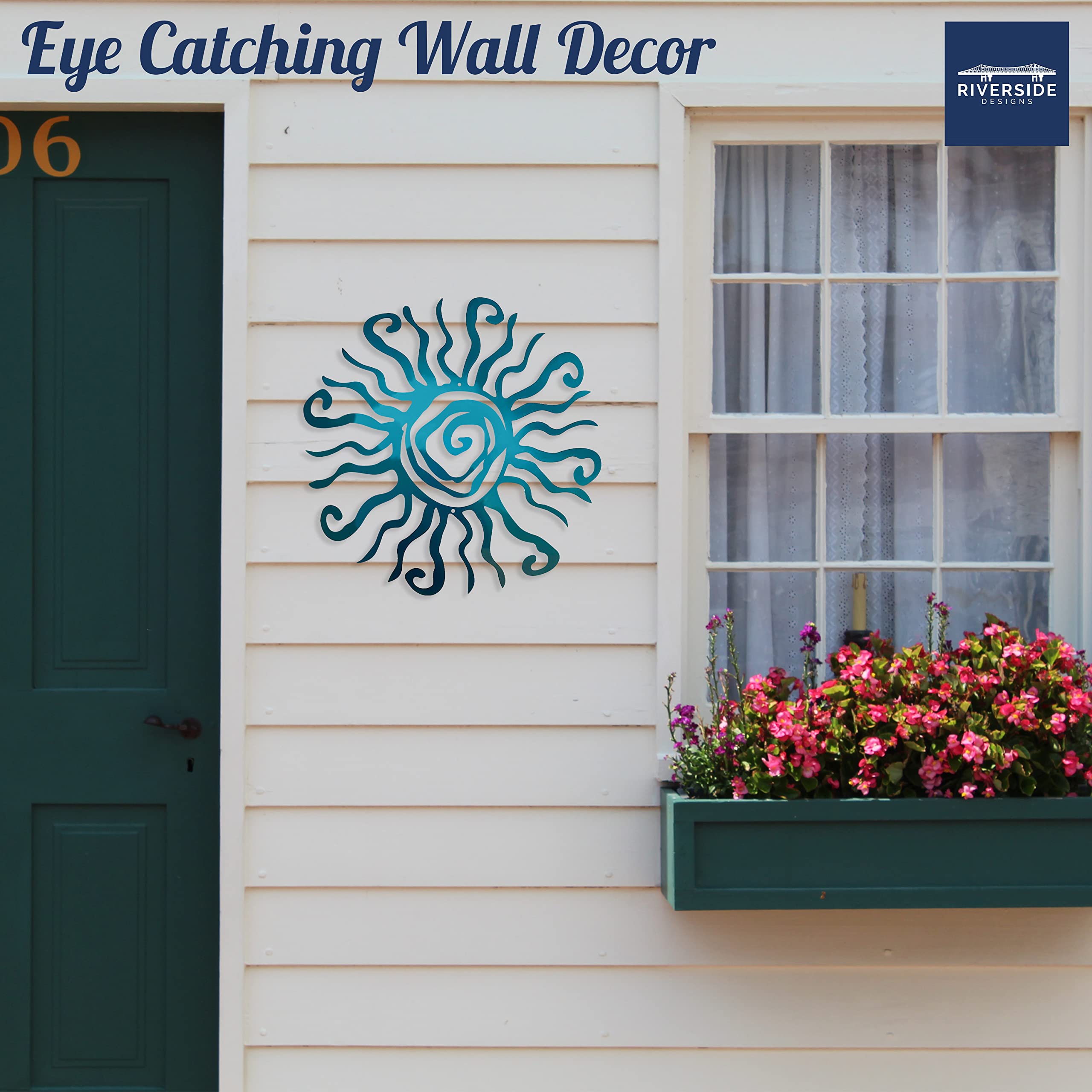 Riverside Designs 18-inch teal sun wall art for patios and decks.