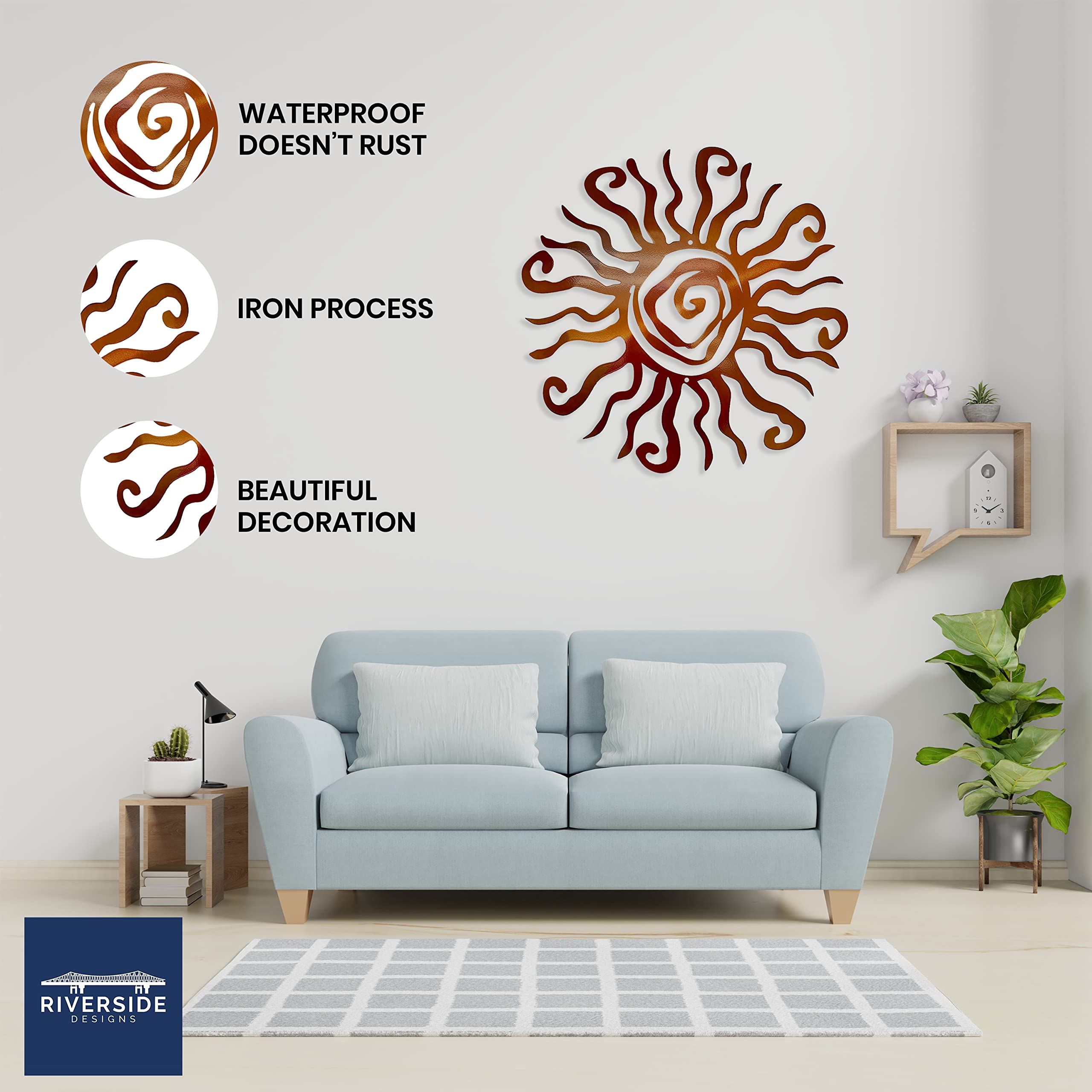 Riverside Designs Wacky Sun wall art close-up of copper texture and mounting holes