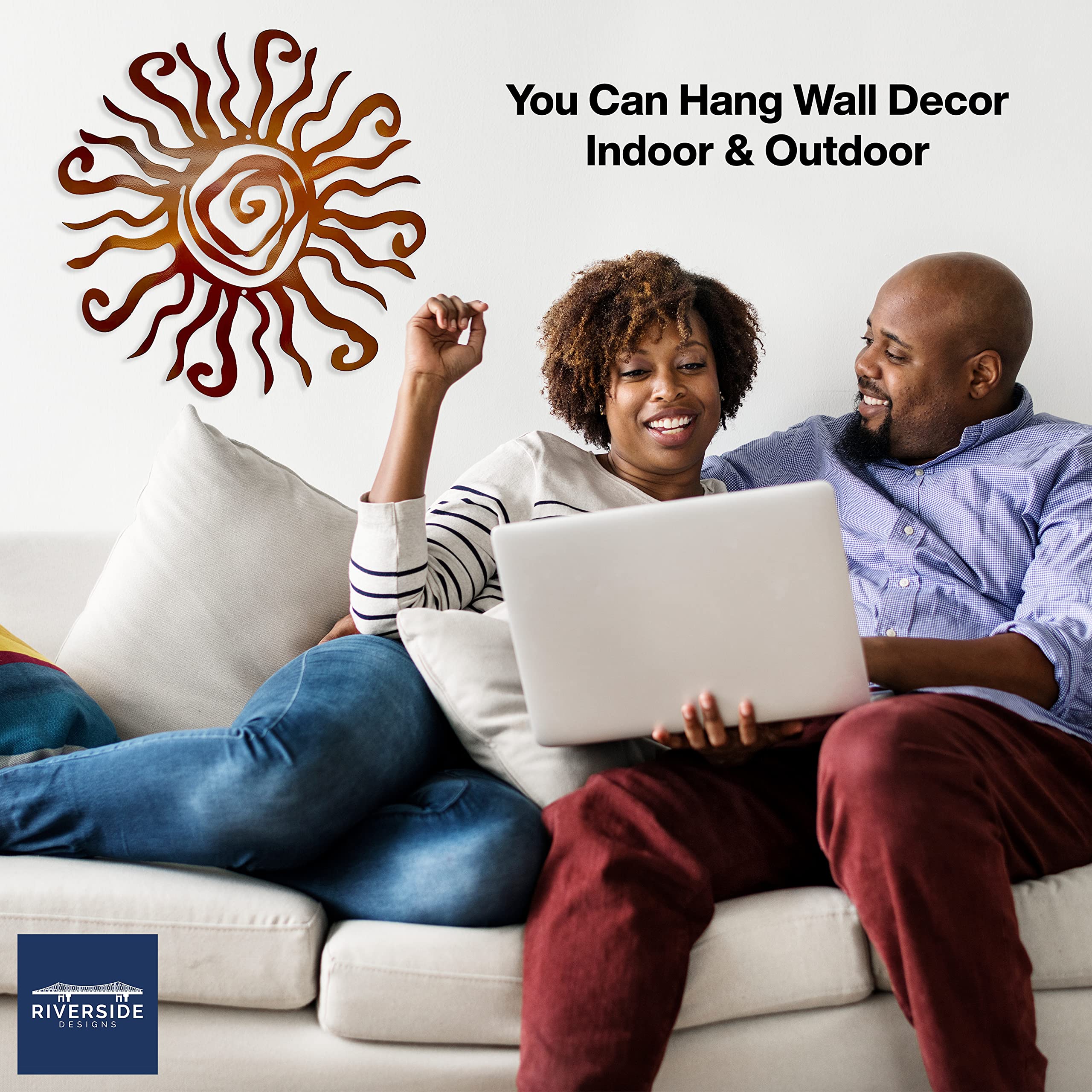 Riverside Designs Wacky Sun wall art hung indoors above a living space