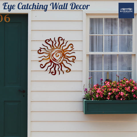 Riverside Designs Wacky Sun wall art on patio wall adds charm