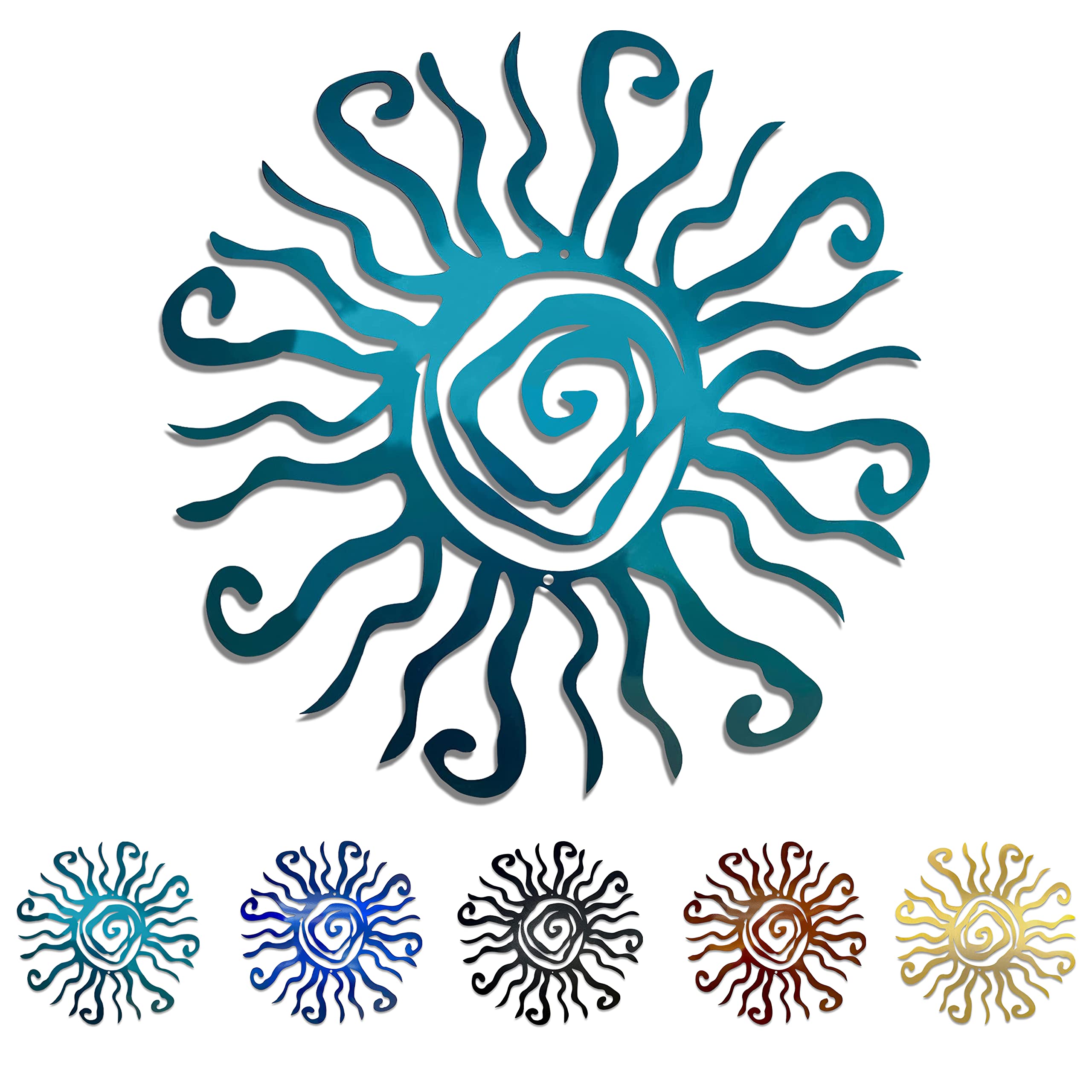 Riverside Designs Wacky Sun wall art teal adds cheerful outdoor charm for garden spaces.