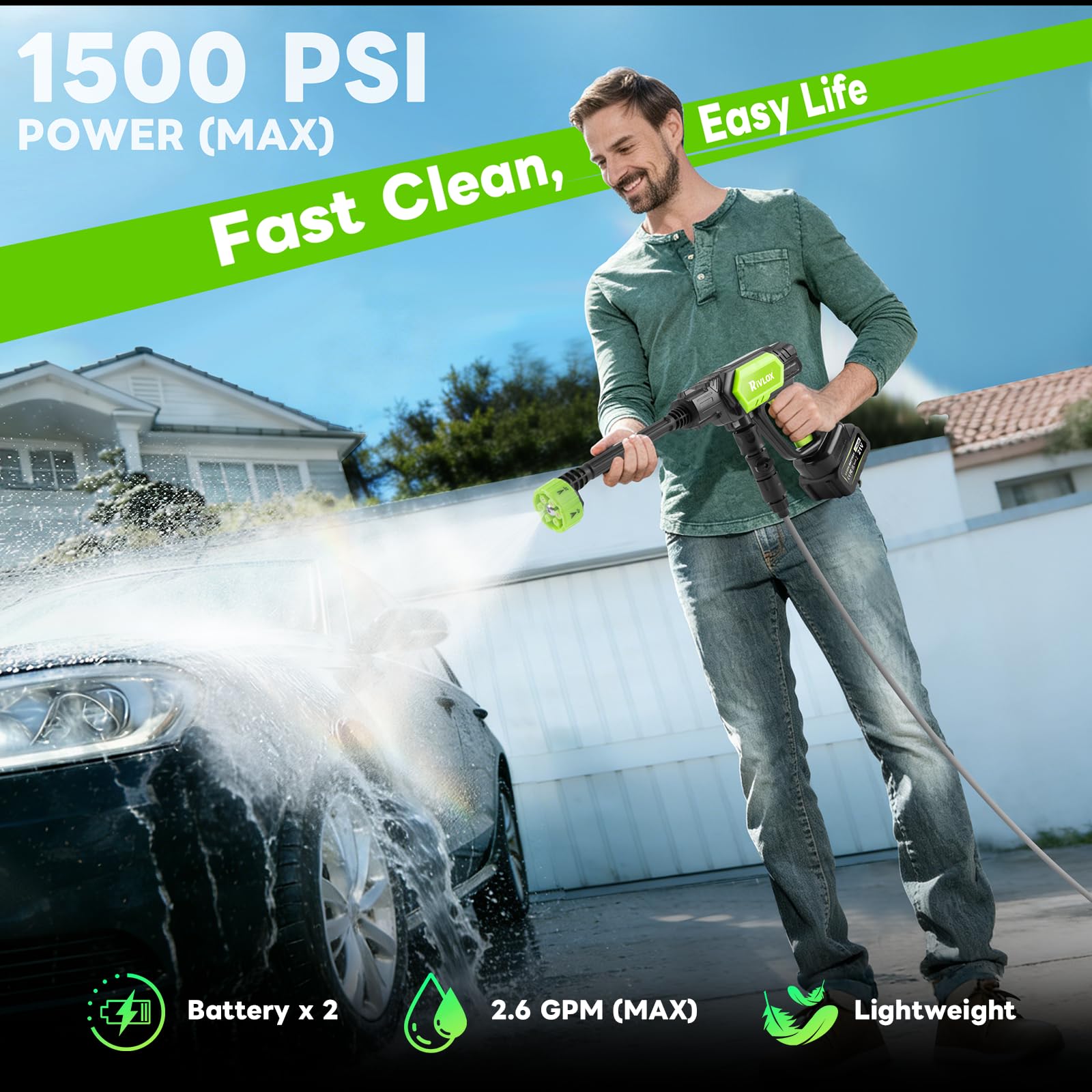 Rivlox dual-battery system shown for extended cleaning sessions.