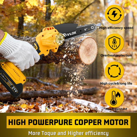 Rivlox mini chainsaw with installed 6-inch chain for quick pruning.