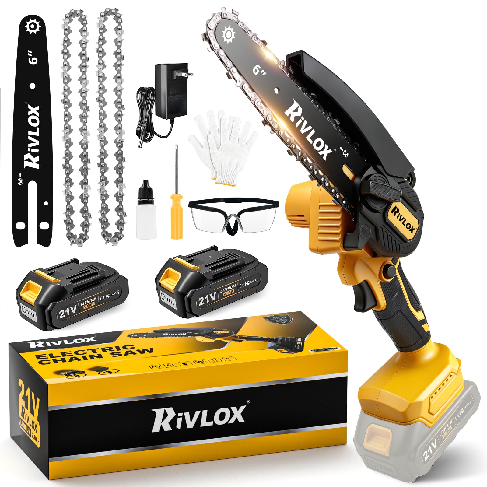 Rivlox mini chainsaw 6-inch packaging with accessories for easy setup.