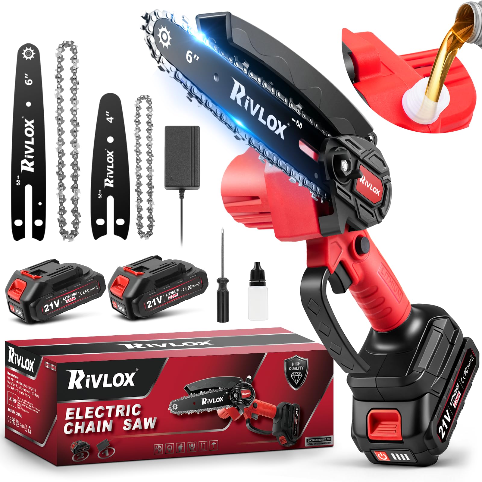 Rivlox Mini Chainsaw side view shows compact portable design.