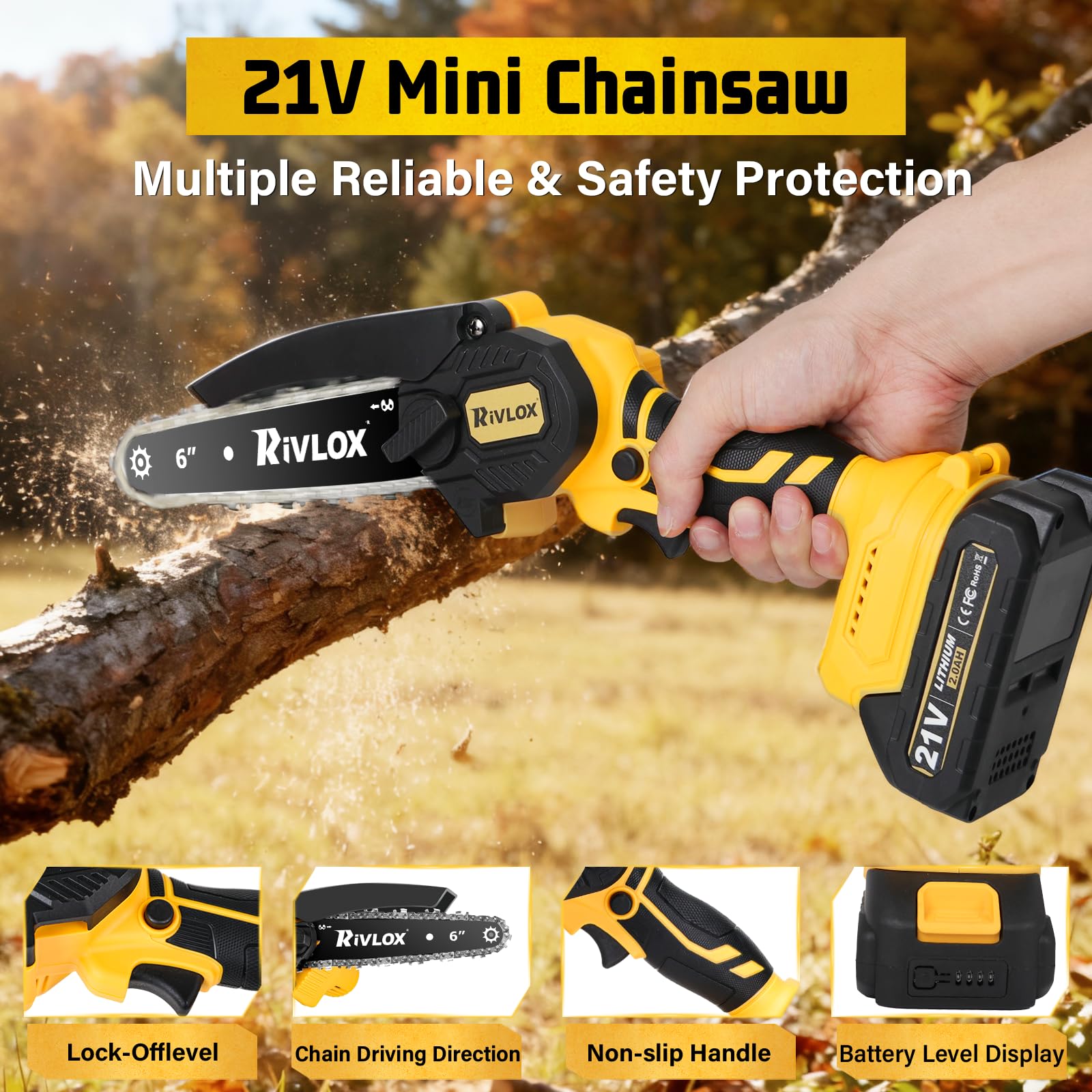 Rivlox mini chainsaw and 6-inch guide rail ready for cutting.