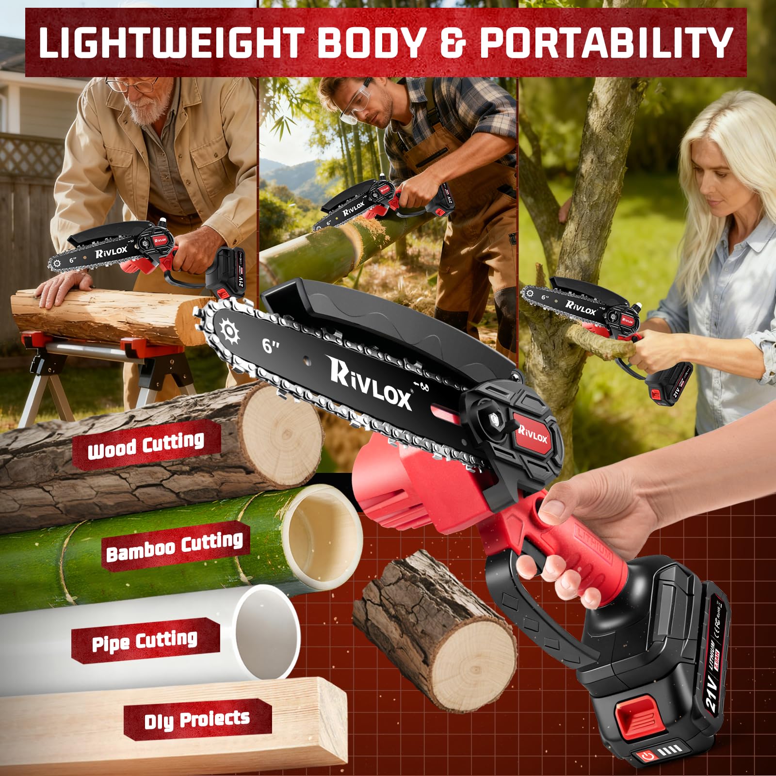 Rivlox Mini Chainsaw kit includes two batteries and essential accessories.