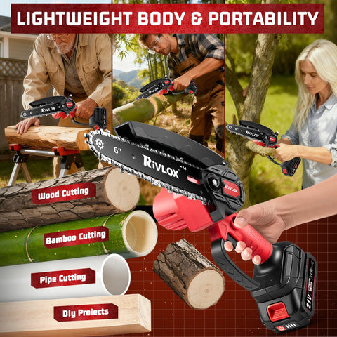 Rivlox Mini Chainsaw kit includes two batteries and essential accessories.