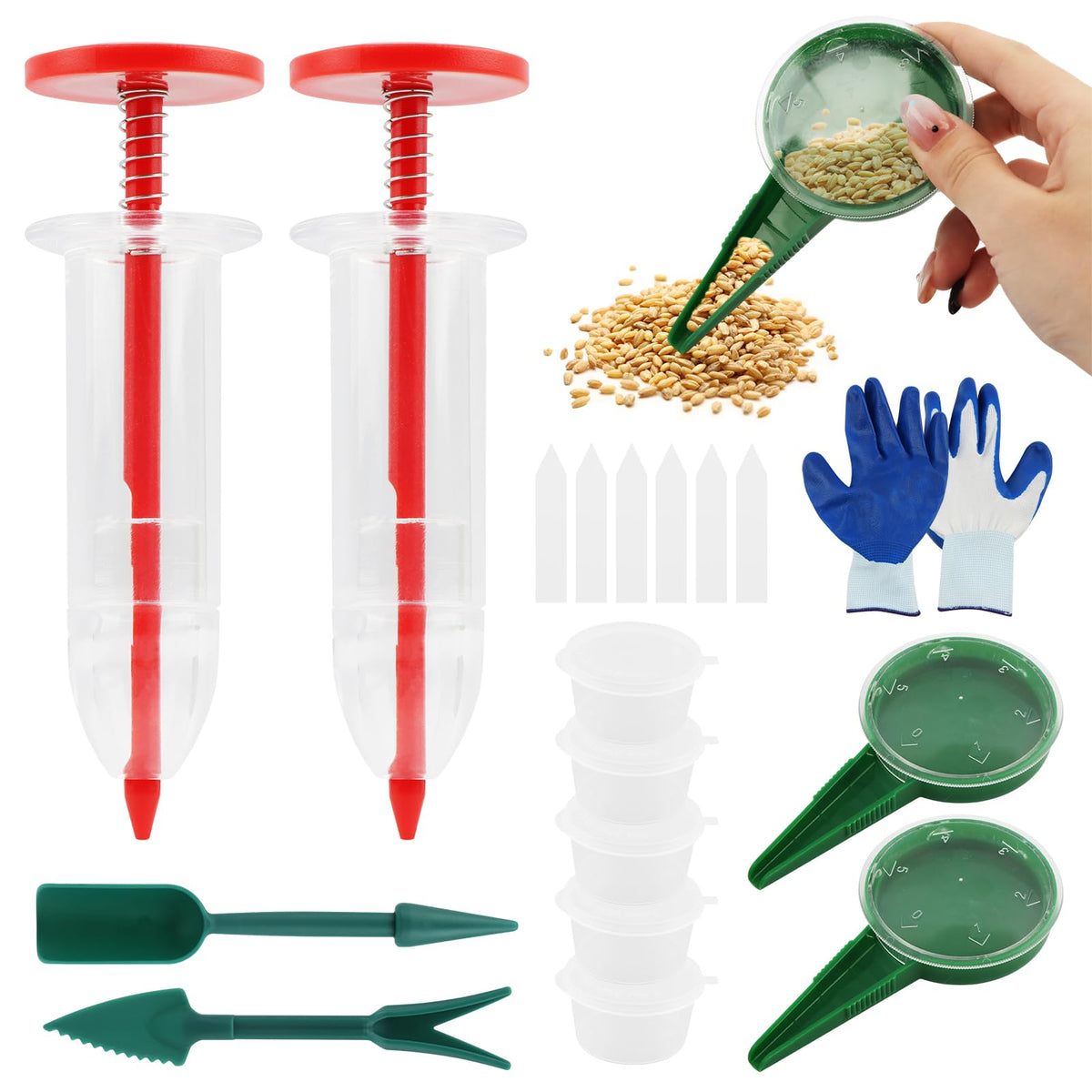 Rivonthex red seed dispensers enable precise, waste-free sowing.
