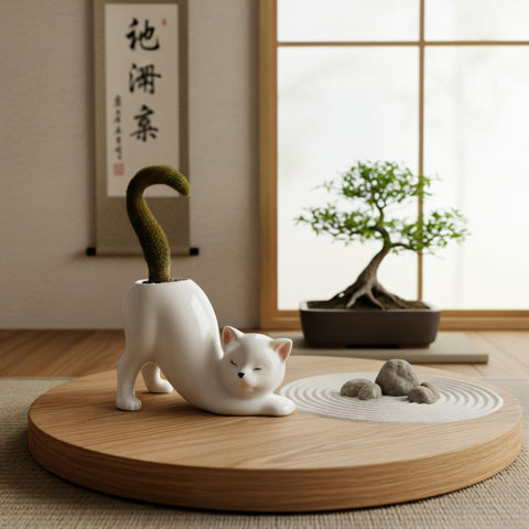 Rivonthex tailless cat planter desk decor; lightweight and portable