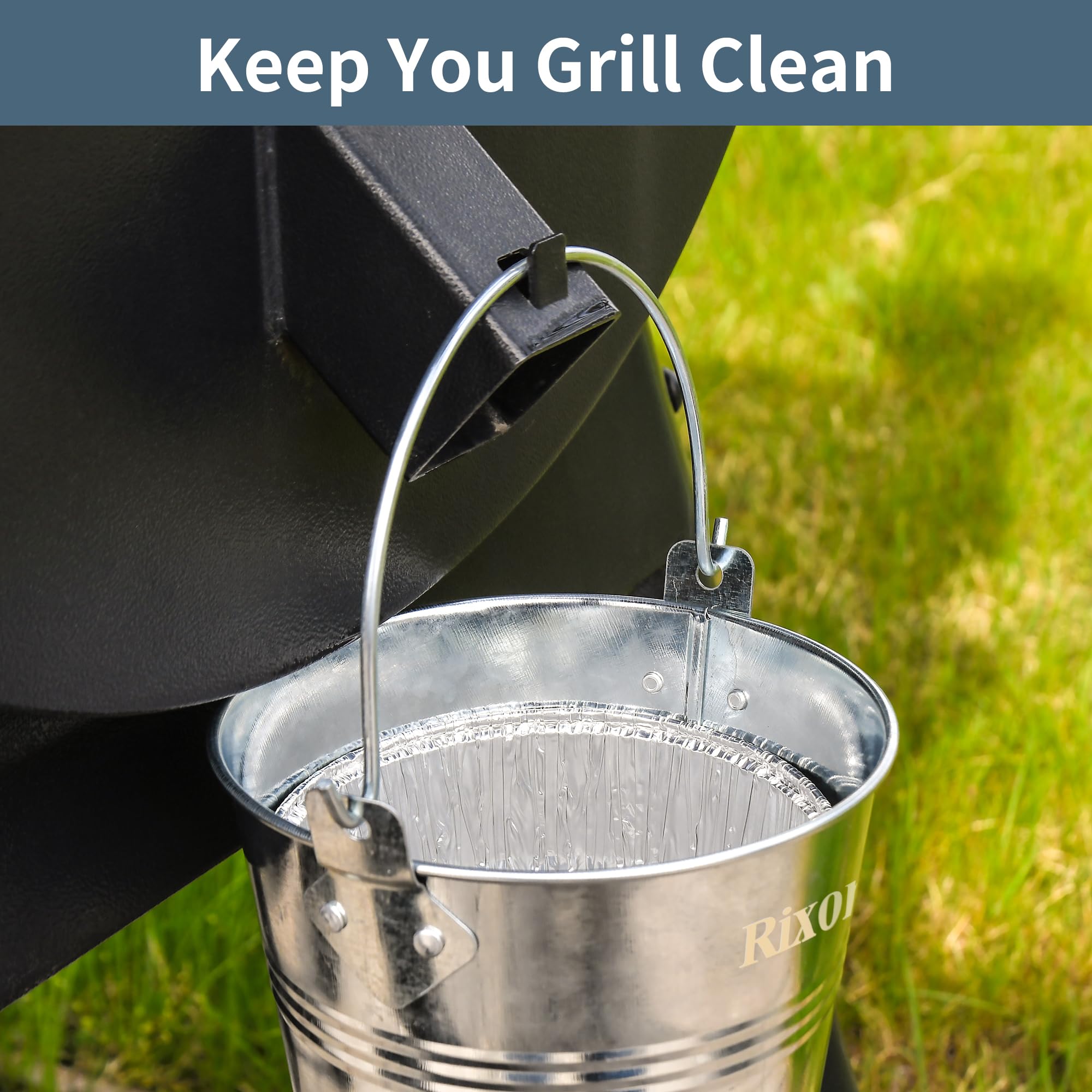 Rixordd grease bucket 5.6-inch diameter catching drips.