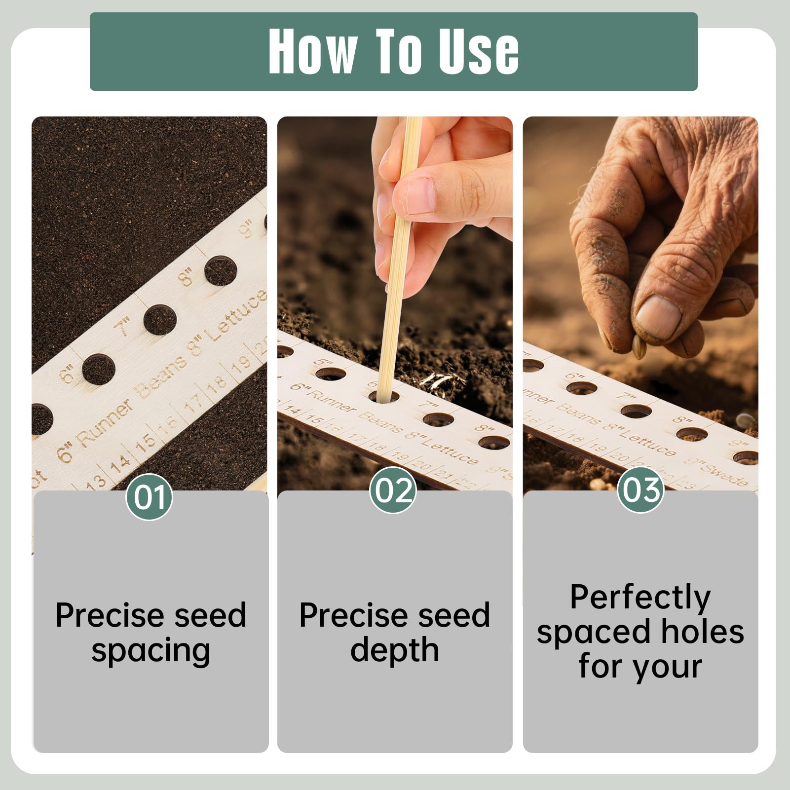 RJLCTH Seed Spacers Wooden Construction emphasizes durable, weather-ready tool for outdoor use.