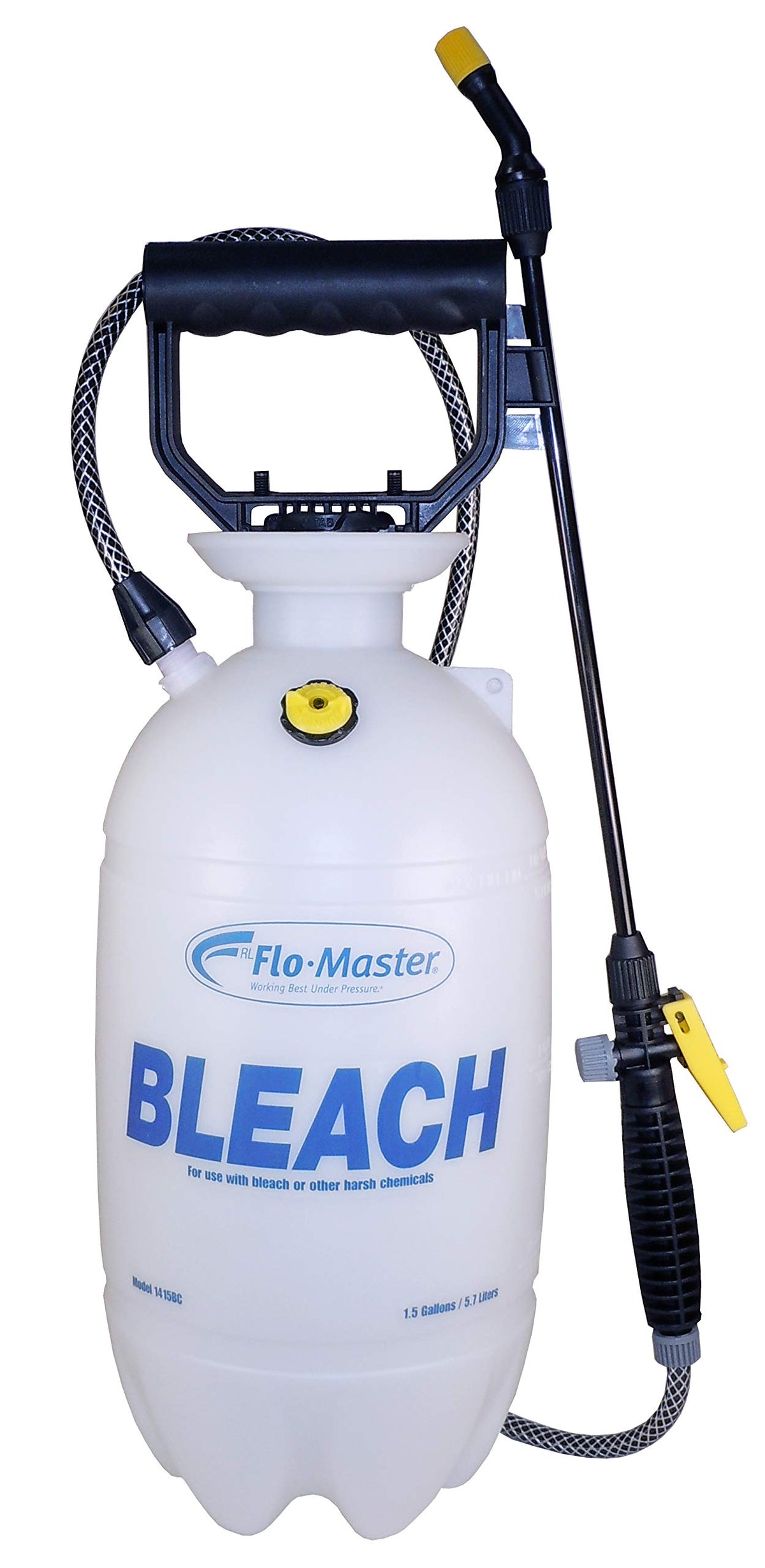 RL FLOMASTER bleach sprayer with tank view shows 1.5 gallon capacity for easy handling.