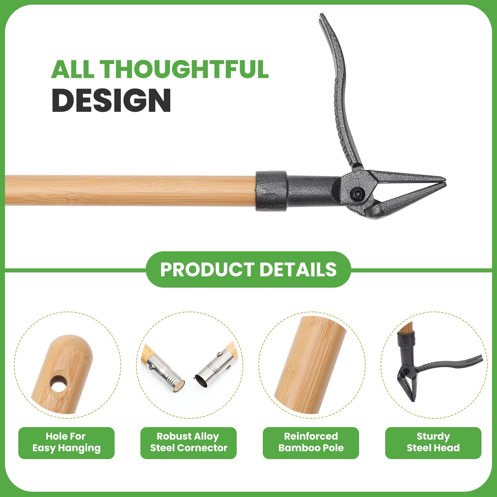 Rlipily weed puller with 3-section bamboo handle extended for adjustable reach