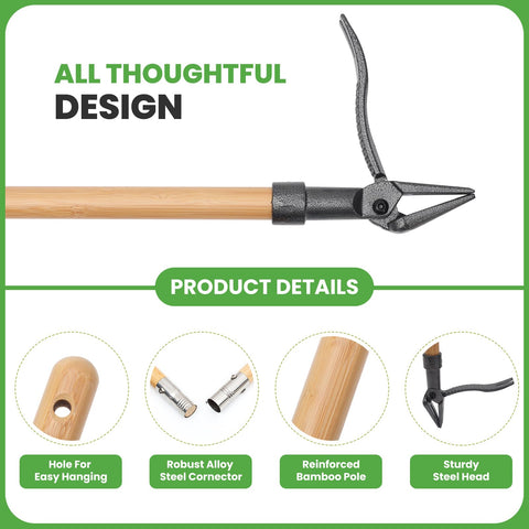 Rlipily weed puller with 3-section bamboo handle extended for adjustable reach