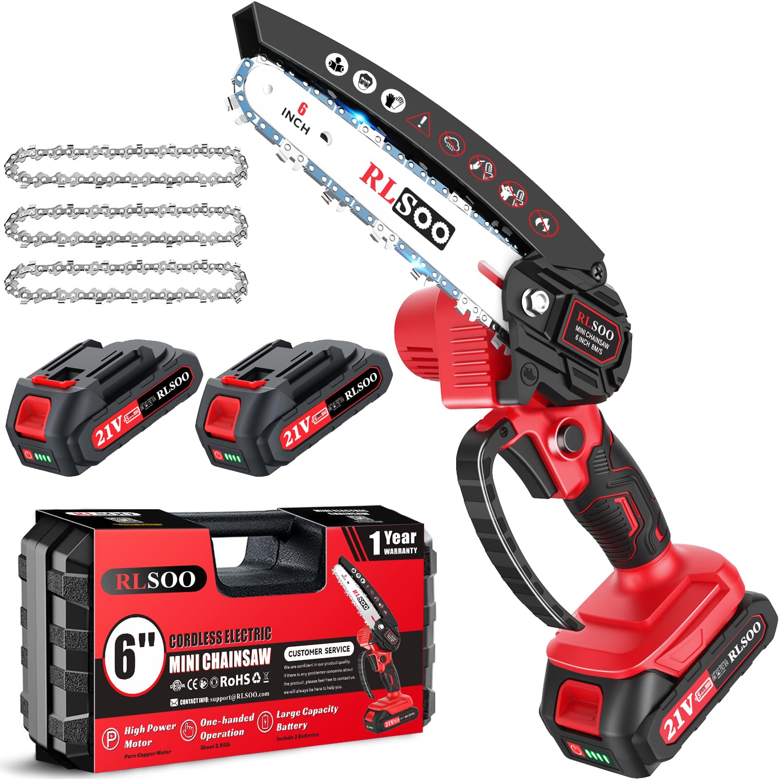 RLSOO 6-inch cordless chainsaw held for easy pruning.