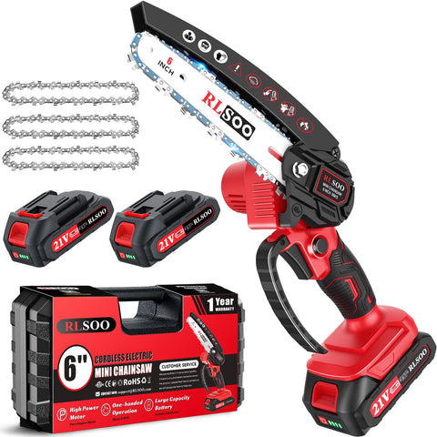 RLSOO 6-inch cordless chainsaw held for easy pruning.