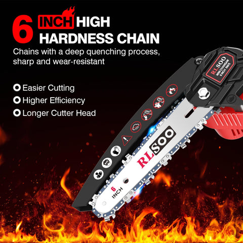 RLSOO mini chainsaw at 2.6 lbs, ideal for one-handed use.