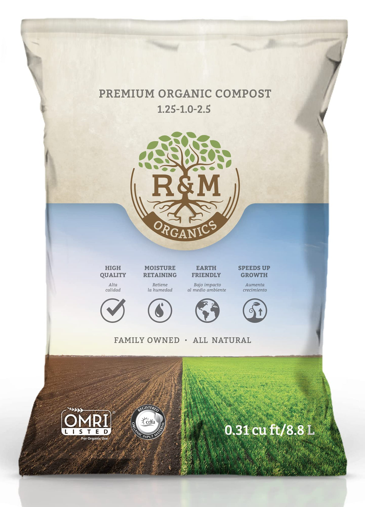 R&amp;M Organics Premium Compost bag enriching soil for vegetables and flowers.
