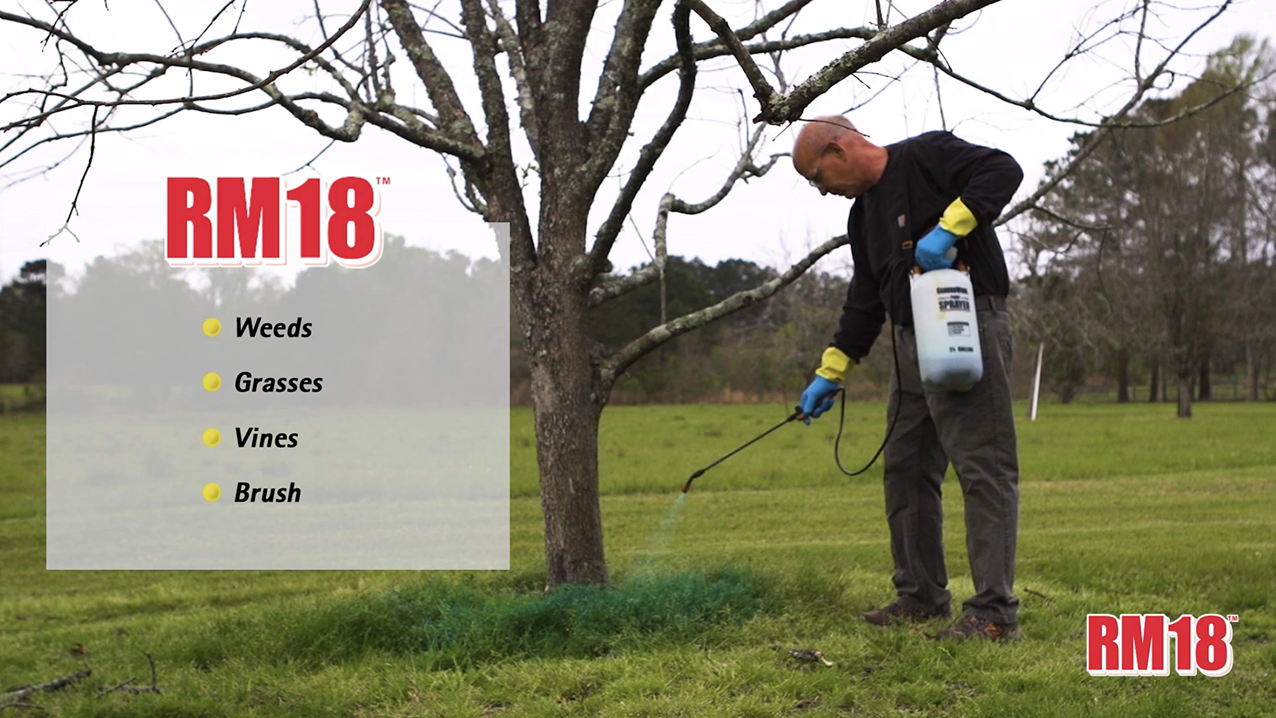 RM18 application spout enables precise spray on weed patches for targeted treatment.