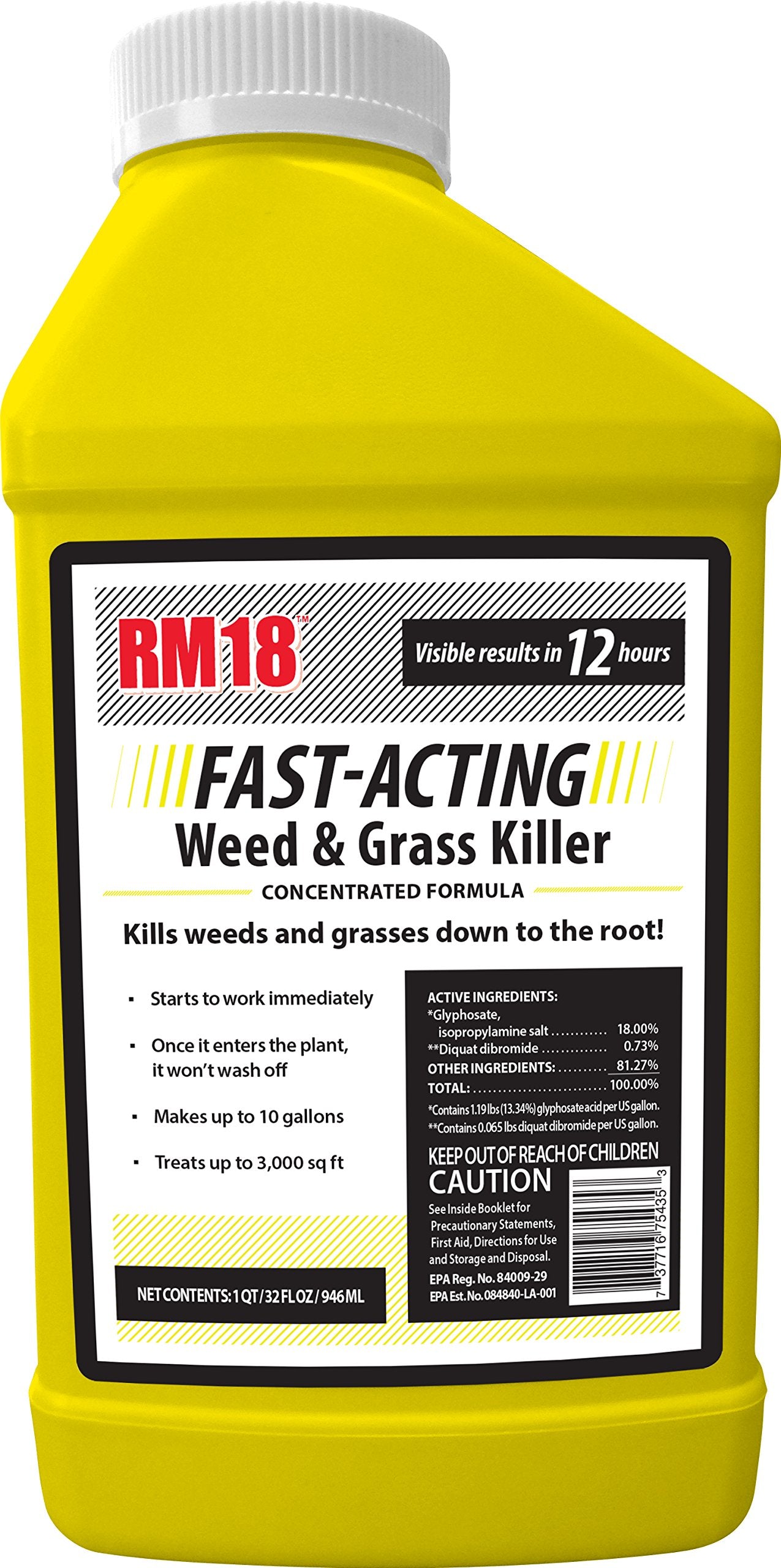 RM18 fast-acting weed killer bottle for rapid lawn weed control.