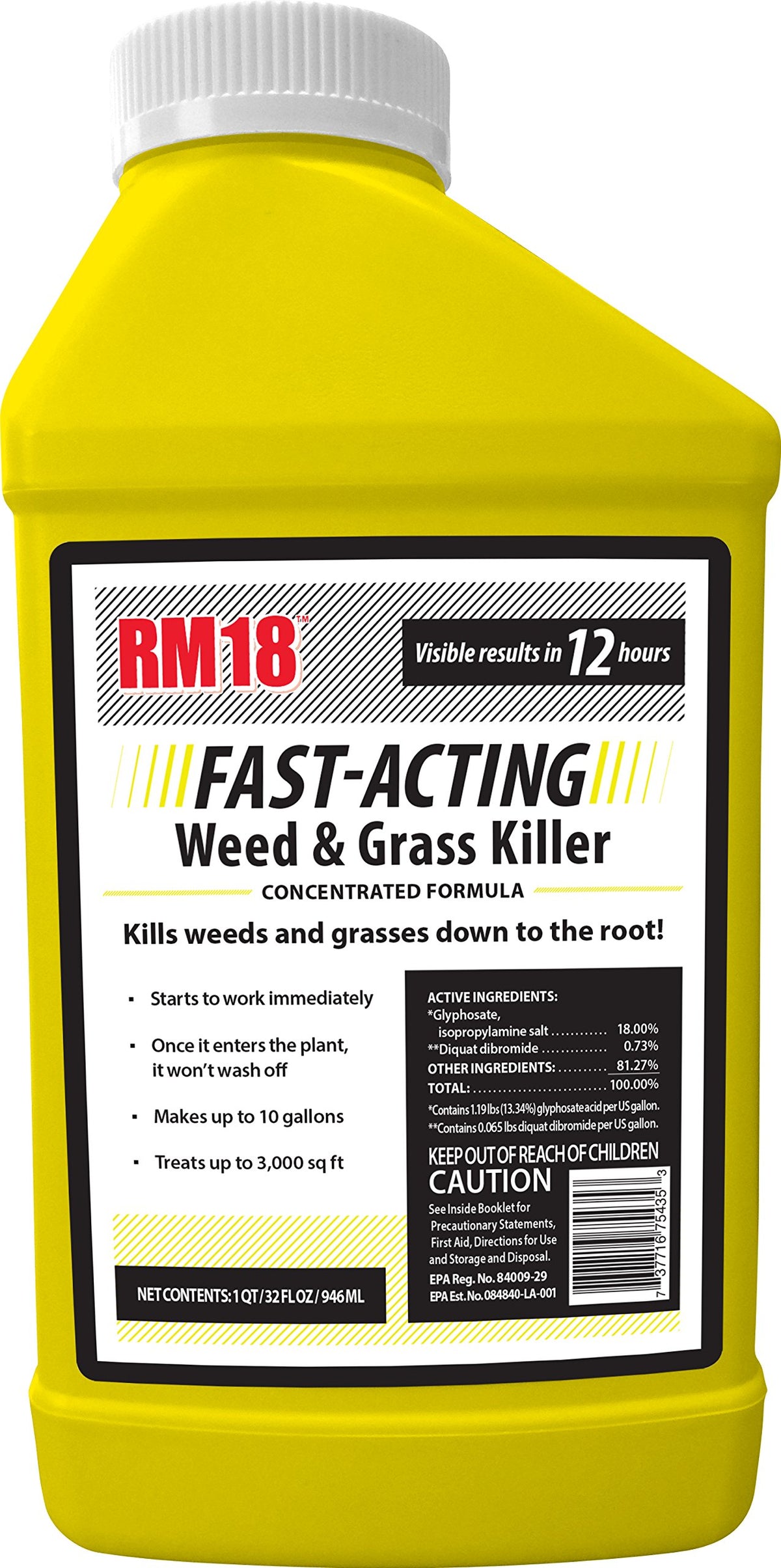 RM18 fast-acting weed killer bottle for rapid lawn weed control.