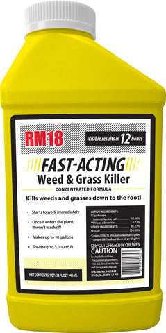 RM18 fast-acting weed killer bottle for rapid lawn weed control.
