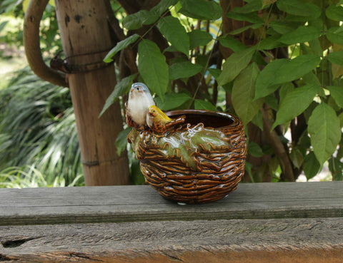 Rmdusk bird nest planter ceramic surface shot, ideal for succulents and small plants.