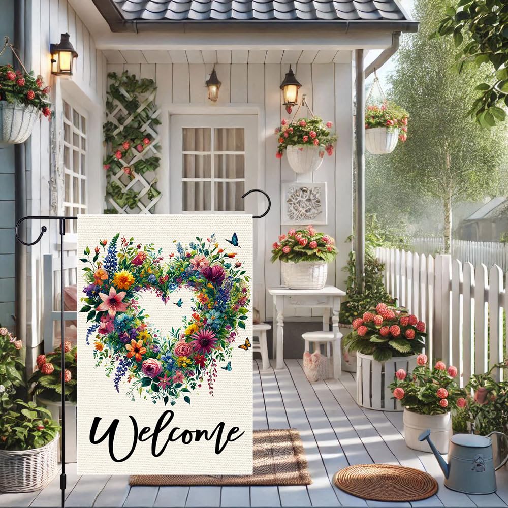 RMXJKIIU Butterflies and flowers accent the flag for seasonal charm