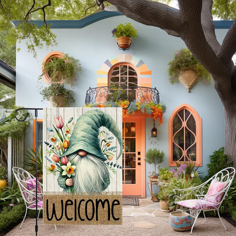 RMXJKIIU Gnome with bouquet flag showcases vibrant floral detail for yards.
