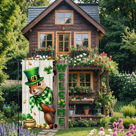 RMXJKIIU gold coin pot accent on flag evokes festive welcome vibes outdoors