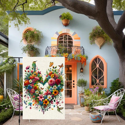 RMXJKIIU green bird among flowers flag for lively outdoor appeal.
