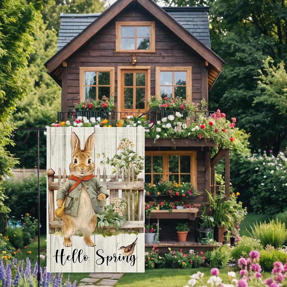 RMXJKIIU Hello Spring Garden Flag using burlap texture for rustic appeal