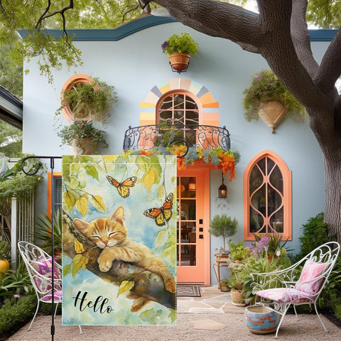 RMXJKIIU Hello Spring Garden Flag with happy butterflies brightening garden spaces.