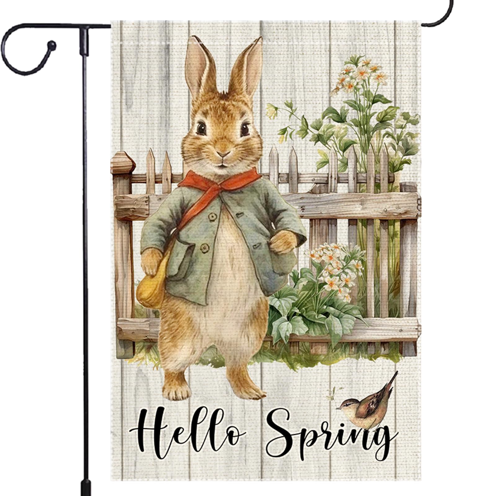 RMXJKIIU Hello Spring Garden Flag with a rabbit by a fence for curb appeal