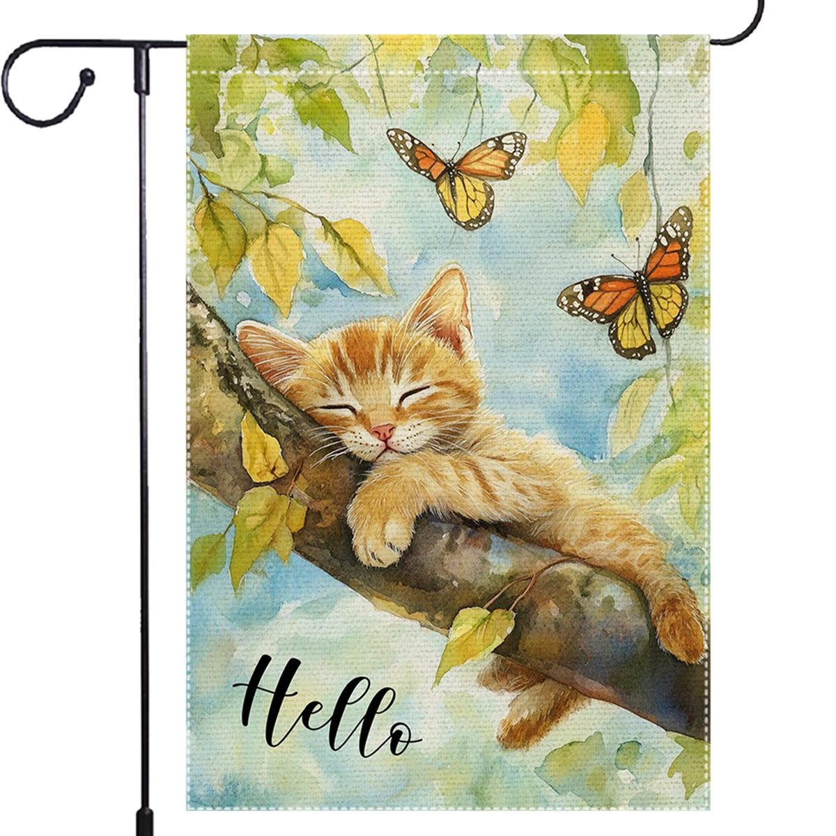 RMXJKIIU Hello Spring Garden Flag with resting cat on a branch, ideal for tranquil outdoor decor.