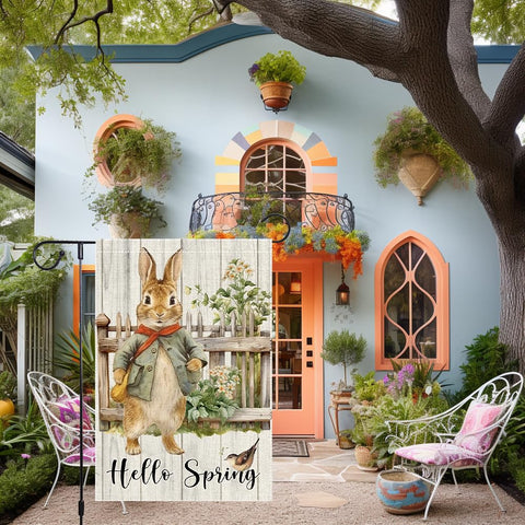 RMXJKIIU Hello Spring Garden Flag showing white flowers on fence for spring charm