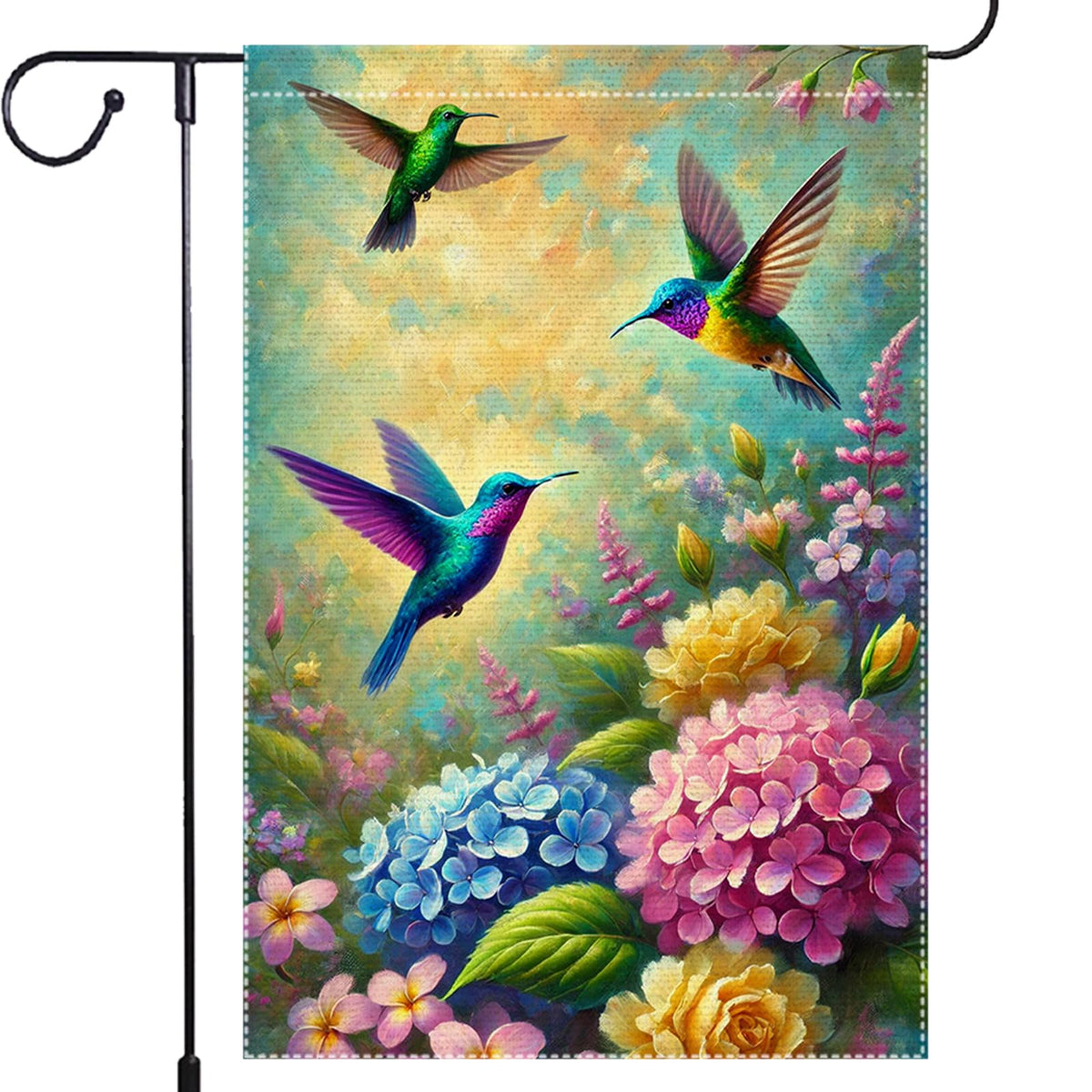 RMXJKIIU Hello Spring hummingbirds flag with vibrant spring colors for yard appeal.