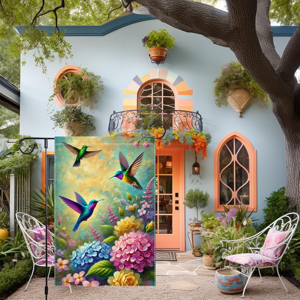 RMXJKIIU hummingbirds among blooming flowers flag offers colorful detail ideal for garden decor.