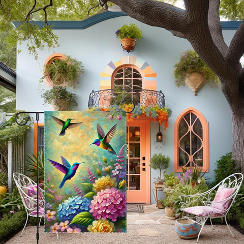 RMXJKIIU hummingbirds among blooming flowers flag offers colorful detail ideal for garden decor.