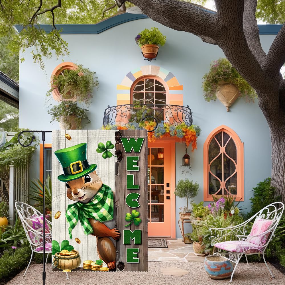 RMXJKIIU squirrel and shamrock motif garden flag adds playful outdoor charm